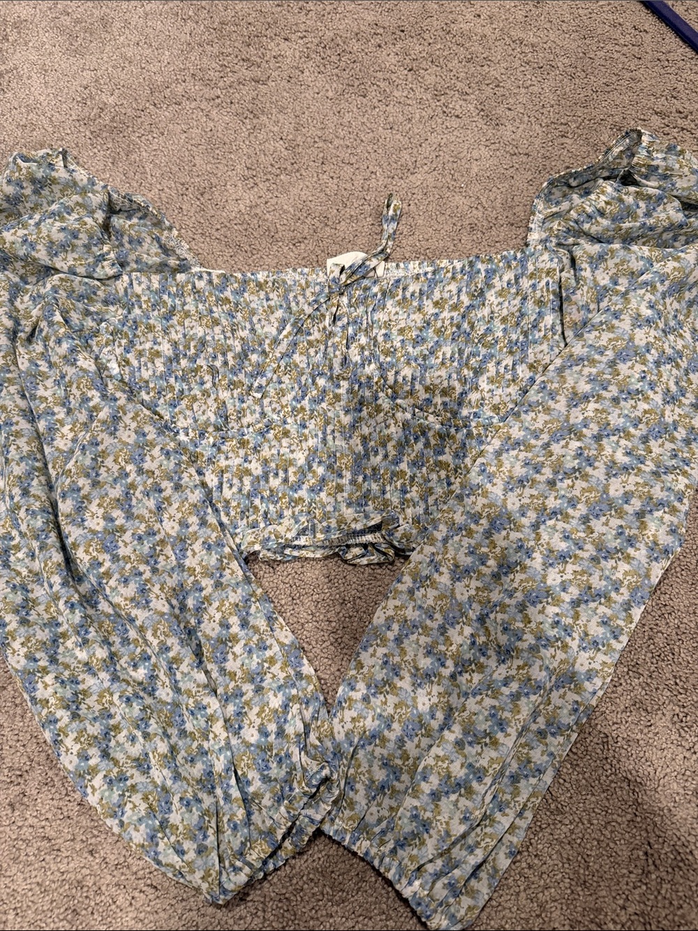 Smocked Floral Off-Shoulder Crop Top in Blue & Olive